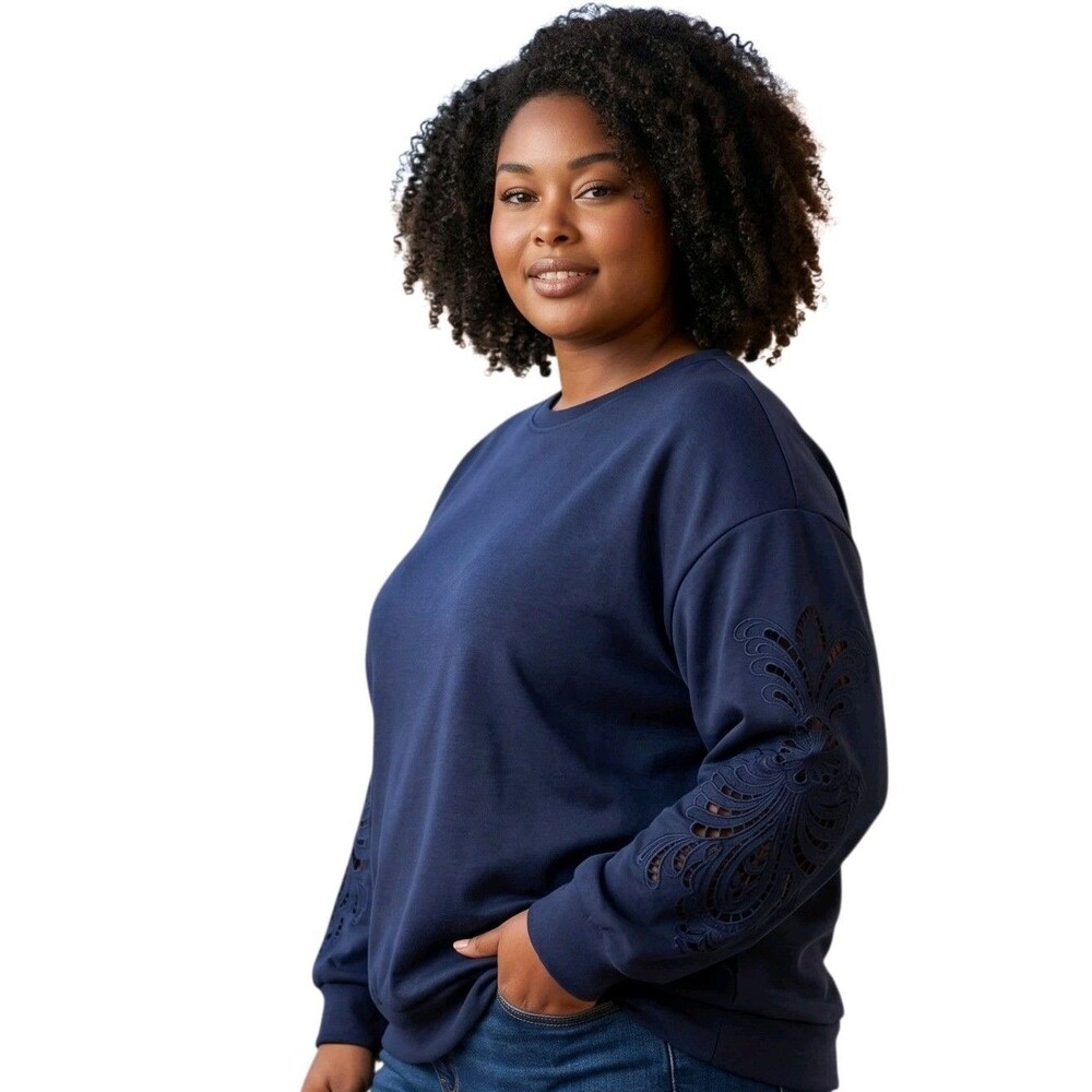 Elie Tahari Woman Sweatshirt Size 2X Navy Blue Laser Cut Sleeves Floral Relaxed - Picture 2 of 9